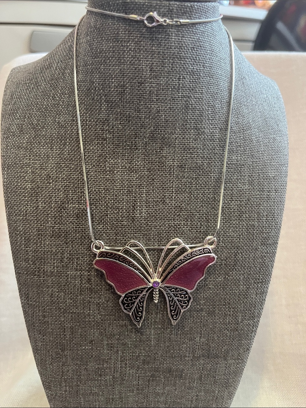 Silver Butterfly Pendant Necklace with Purple Wings
